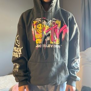 Mtv sweatshirt. size s. dark gray with yellow, white, and pink details.